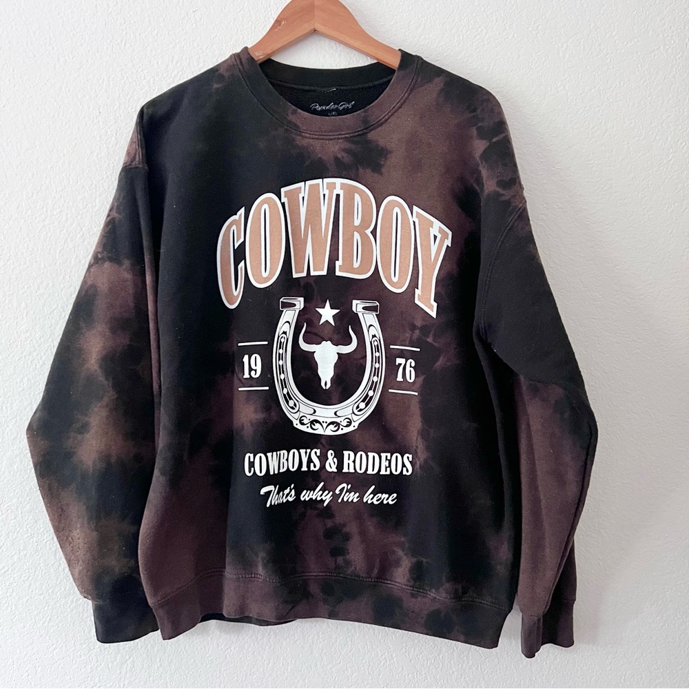 Popular Girl Bleach Dyed Cowboy Graphic Crewneck Sweatshirt Sz L/XL
